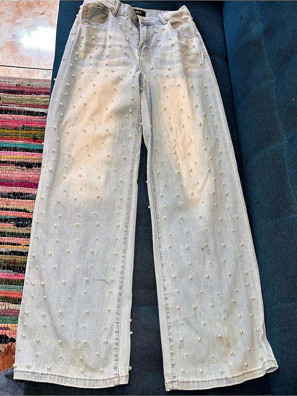 Akira Sit Pretty Embellished Wide Leg Jeans Pearl Embellished Wide Leg Jeans